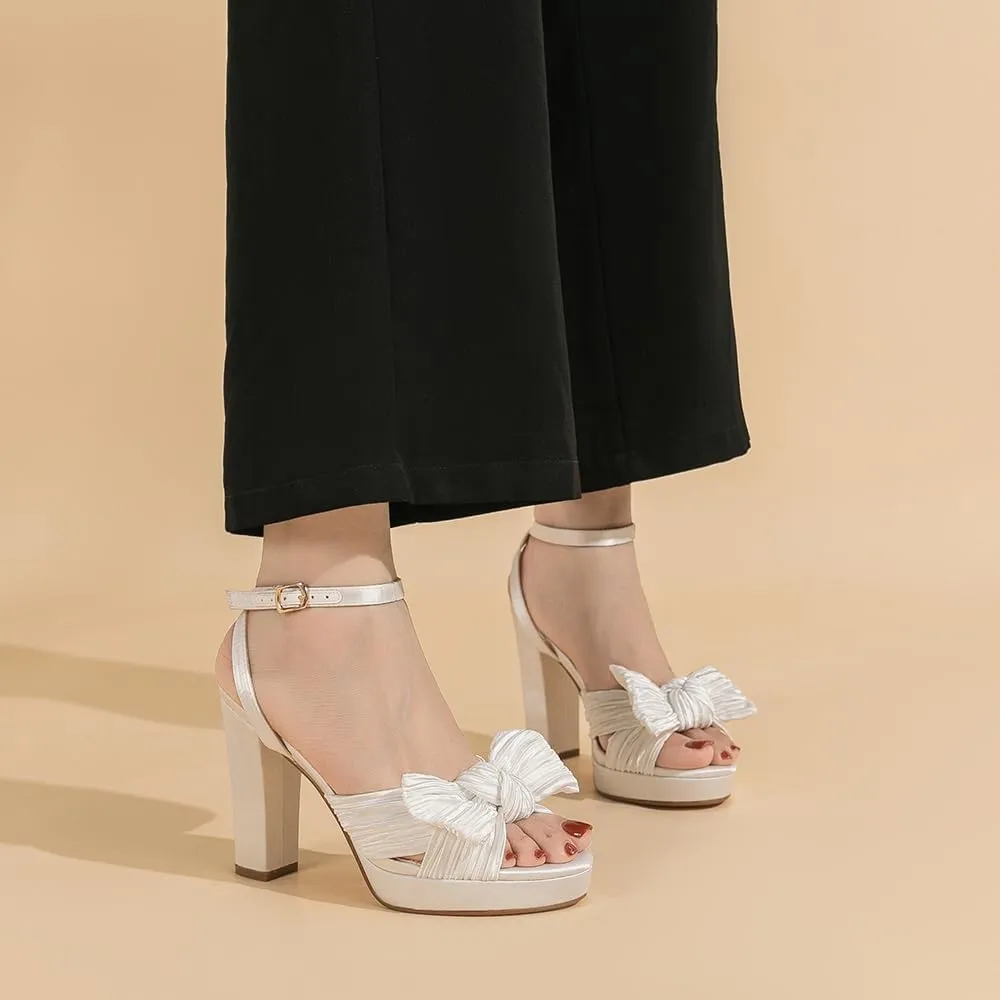 Amoji Women's Chunky Platform Heels 4'' Bowknot Heeled Sandal Wedding With Ankle Strap 302F4
