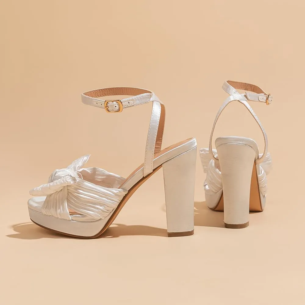 Amoji Women's Chunky Platform Heels 4'' Bowknot Heeled Sandal Wedding With Ankle Strap 302F4