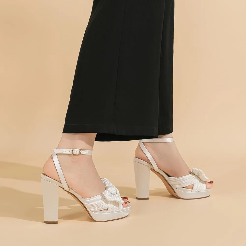 Amoji Women's Chunky Platform Heels 4'' Bowknot Heeled Sandal Wedding With Ankle Strap 302F4