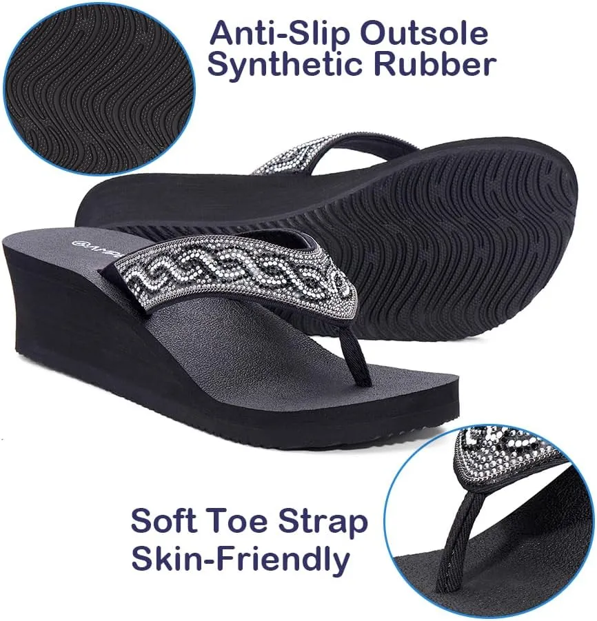Ampeo Women's Wedge Sandals Rhinestone Thong Platform Flip Flops