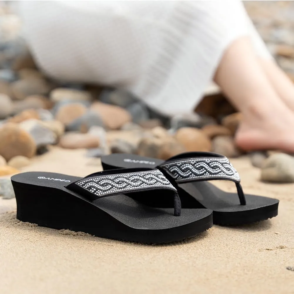 Ampeo Women's Wedge Sandals Rhinestone Thong Platform Flip Flops