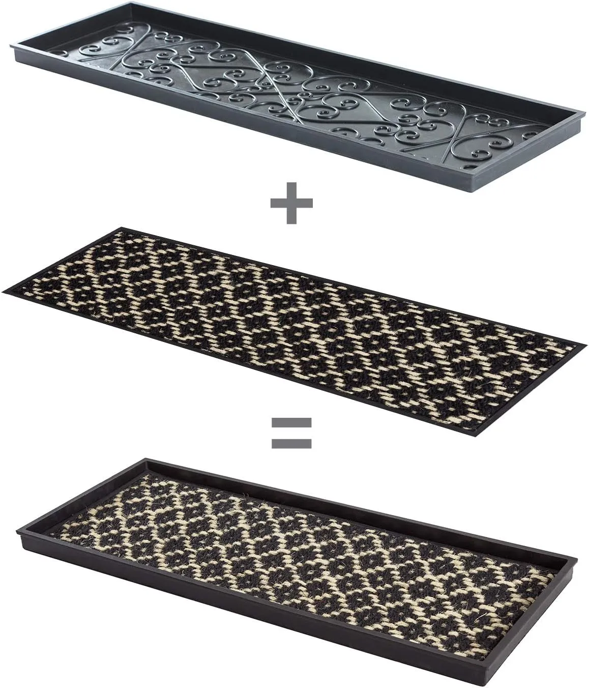 Anji Mountain AMB0BT2F-005 Black Rubber Boot/Shoe Tray with Coir, Fits 2 Pair (24.5" Wide), Black & Ivory Insert