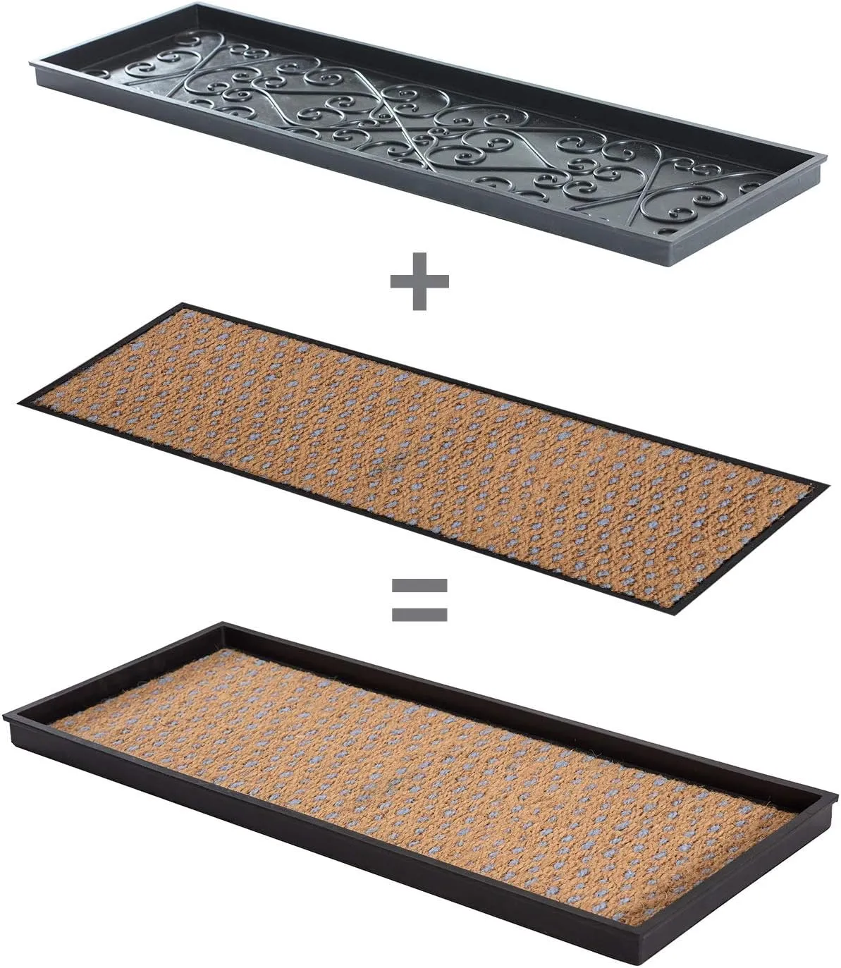 Anji Mountain AMB0BT2F-007 Black Rubber Boot/Shoe Tray with Coir, Fits 2 Pair (24.5" Wide), Tan & Blue Insert