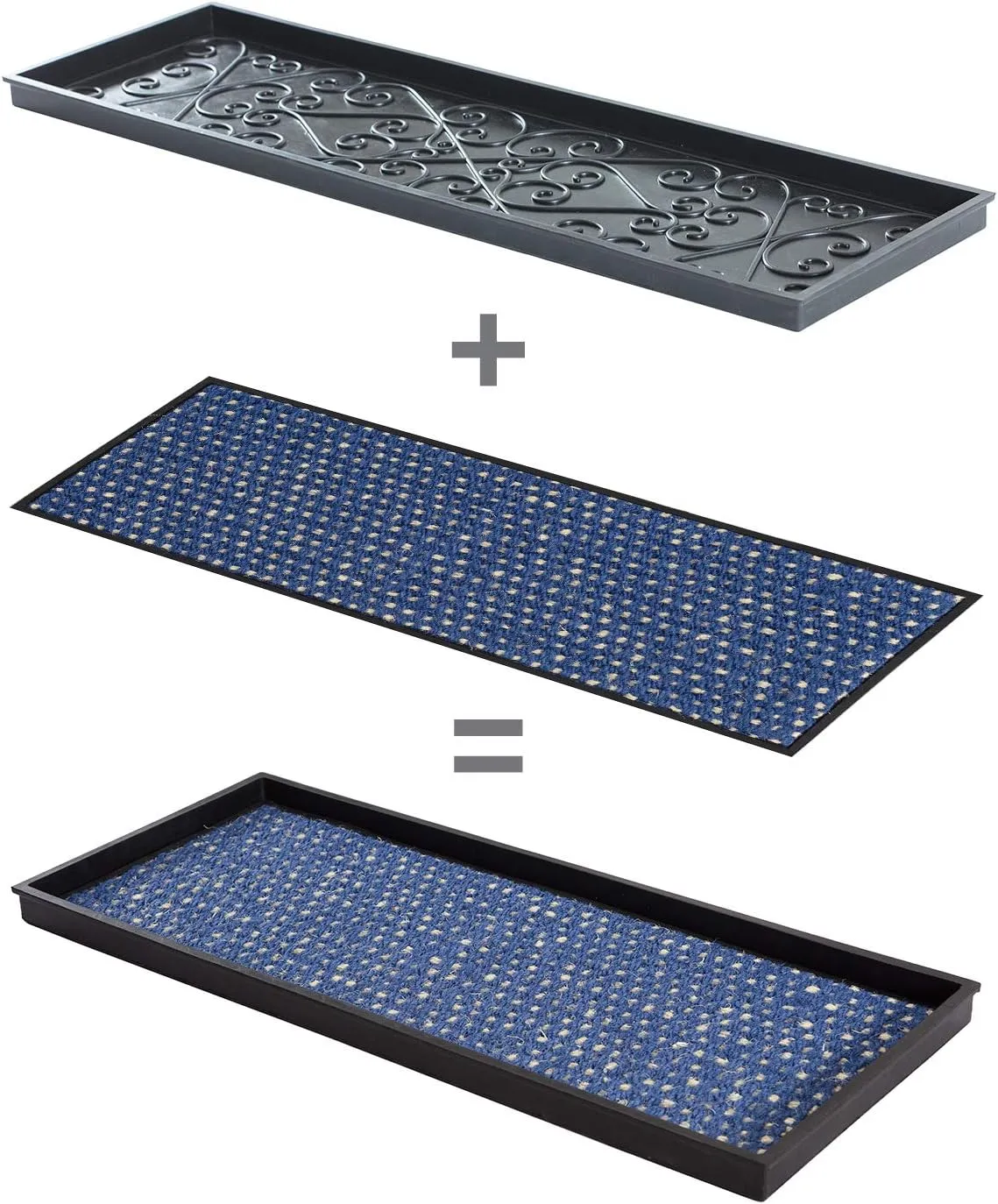 Anji Mountain AMB0BT2F-010 Black Rubber Boot/Shoe Tray with Coir, Fits 2 Pair (24.5" Wide), Blue & Ivory Insert