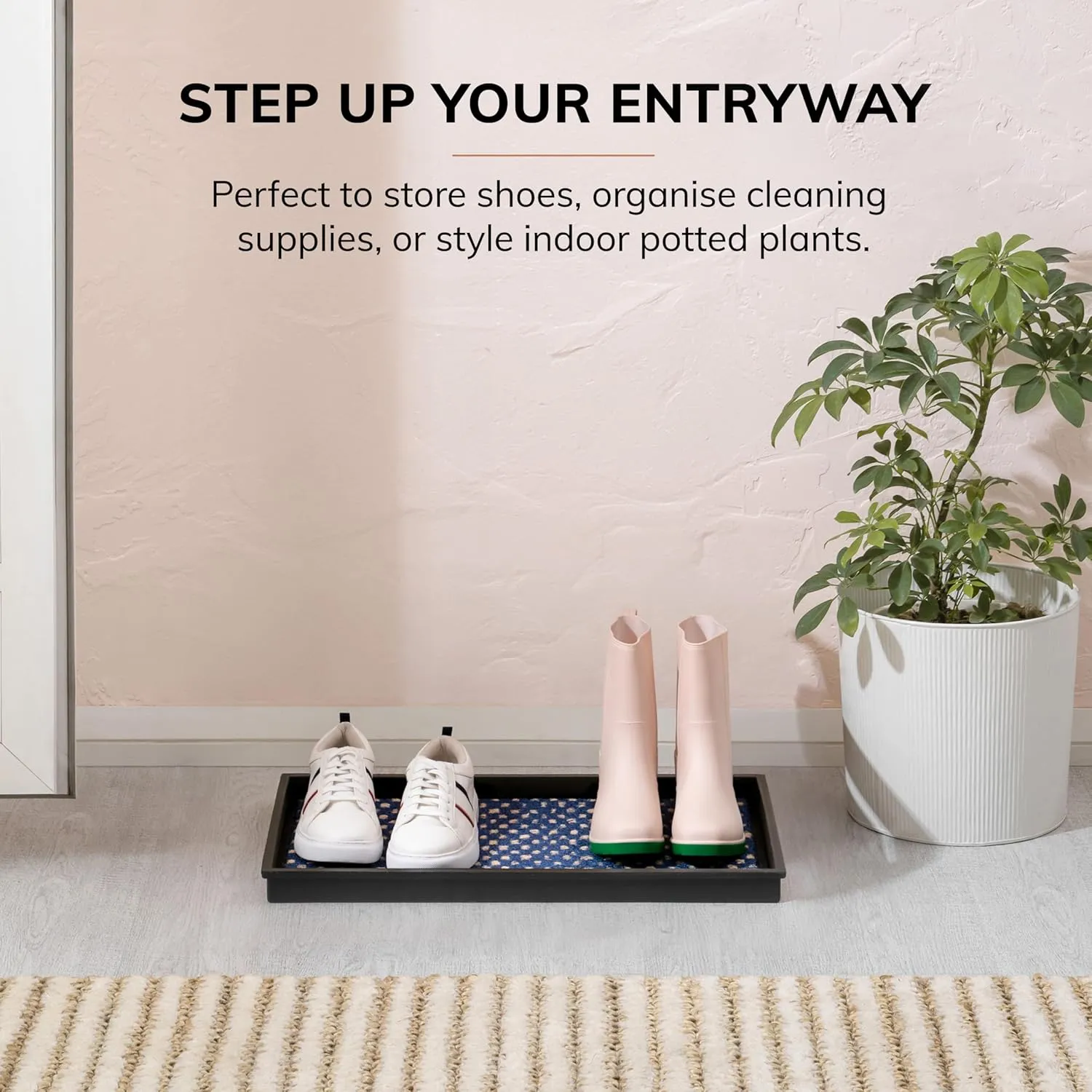 Anji Mountain AMB0BT2F-010 Black Rubber Boot/Shoe Tray with Coir, Fits 2 Pair (24.5" Wide), Blue & Ivory Insert