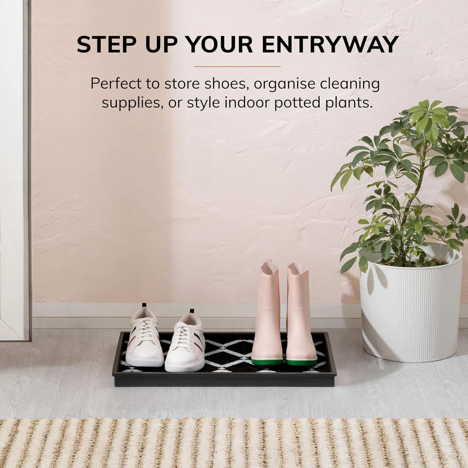 Anji Mountain Heavy Duty Waterproof Rubber Shoe Storage Mat Organizer/Boot Storage Multi Use for Entryway with Coir, Black and Ivory Diamond Insert, Fits 2 Pair (24.5" Wide)