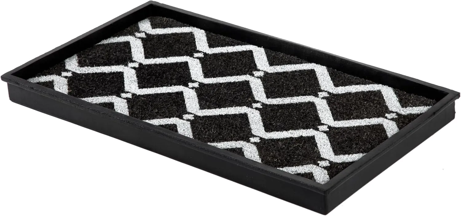 Anji Mountain Heavy Duty Waterproof Rubber Shoe Storage Mat Organizer/Boot Storage Multi Use for Entryway with Coir, Black and Ivory Diamond Insert, Fits 2 Pair (24.5" Wide)