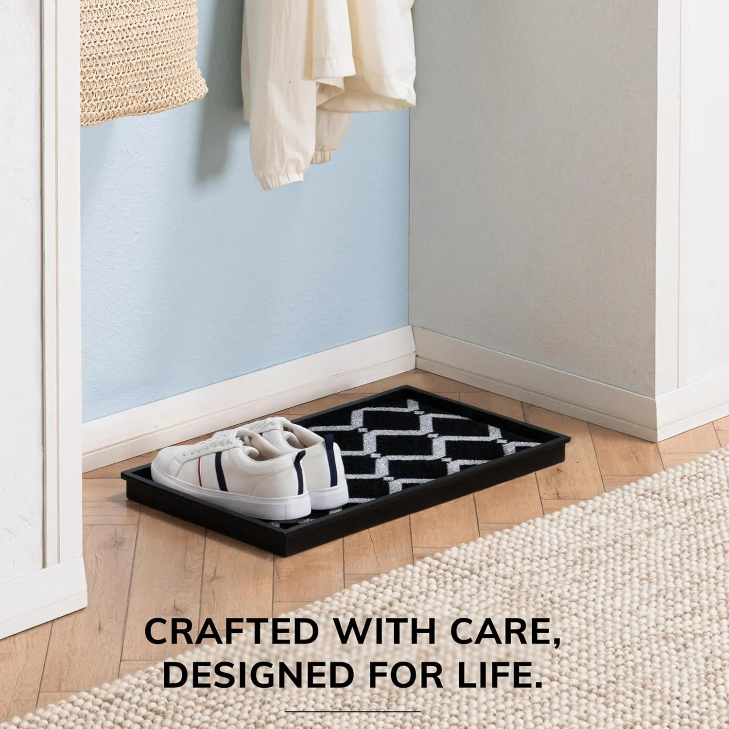 Anji Mountain Heavy Duty Waterproof Rubber Shoe Storage Mat Organizer/Boot Storage Multi Use for Entryway with Coir, Black and Ivory Diamond Insert, Fits 2 Pair (24.5" Wide)
