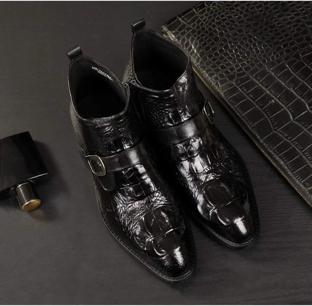 Ankle Boot for Men Work Boot Crocodile Embossed TextureGenuine Leather Pull On Monk Strap Round Toe Block Heel