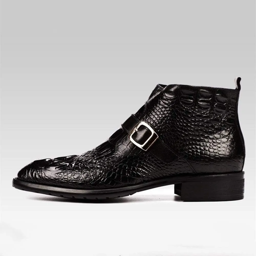 Ankle Boot for Men Work Boot Crocodile Embossed TextureGenuine Leather Pull On Monk Strap Round Toe Block Heel