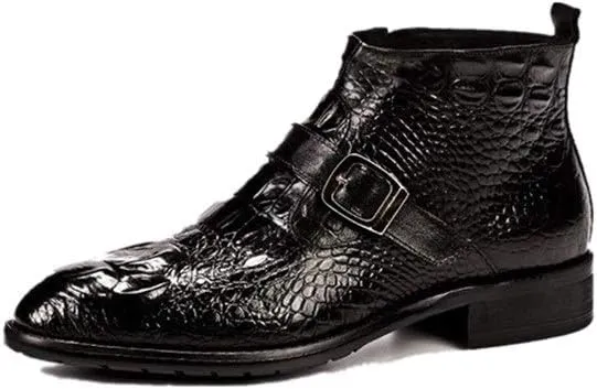 Ankle Boot for Men Work Boot Crocodile Embossed TextureGenuine Leather Pull On Monk Strap Round Toe Block Heel