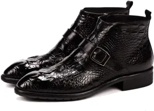Ankle Boot for Men Work Boot Crocodile Embossed TextureGenuine Leather Pull On Monk Strap Round Toe Block Heel
