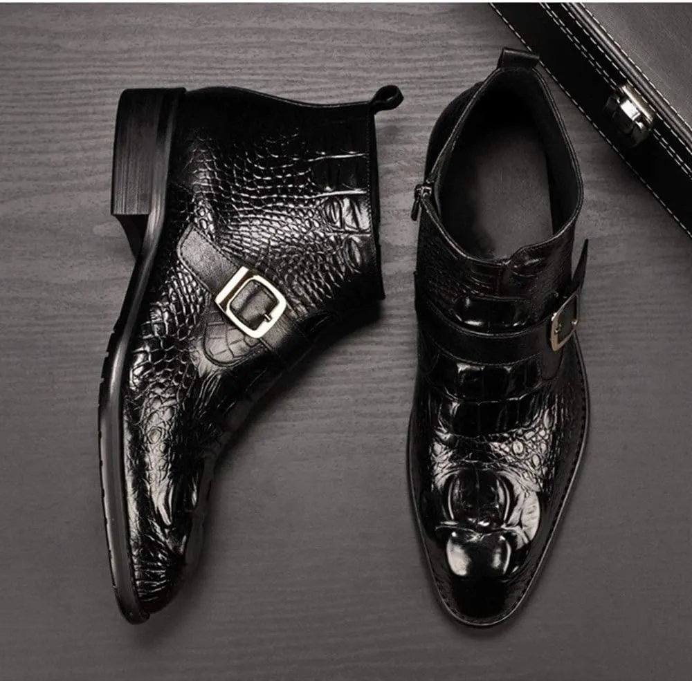 Ankle Boot for Men Work Boot Crocodile Embossed TextureGenuine Leather Pull On Monk Strap Round Toe Block Heel