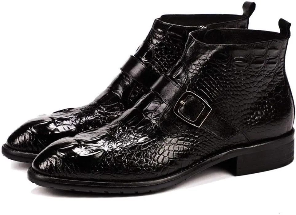 Ankle Boot for Men Work Boot Crocodile Embossed TextureGenuine Leather Pull On Monk Strap Round Toe Block Heel