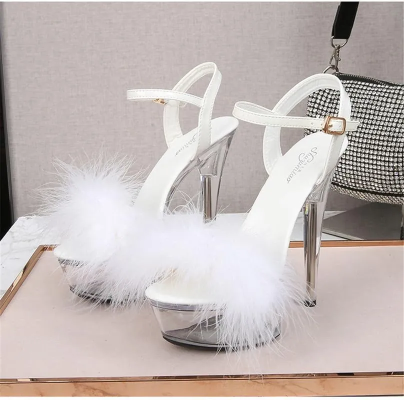 Ankle Strap Clear Platform Furry Sandals Heels Stiletto