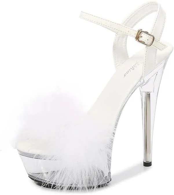 Ankle Strap Clear Platform Furry Sandals Heels Stiletto