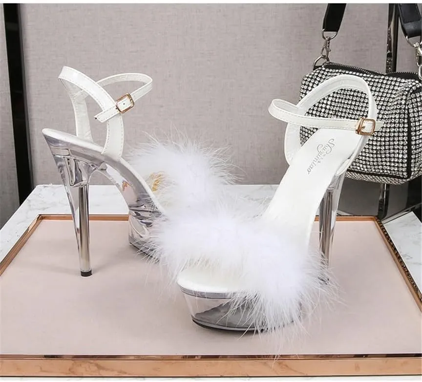 Ankle Strap Clear Platform Furry Sandals Heels Stiletto