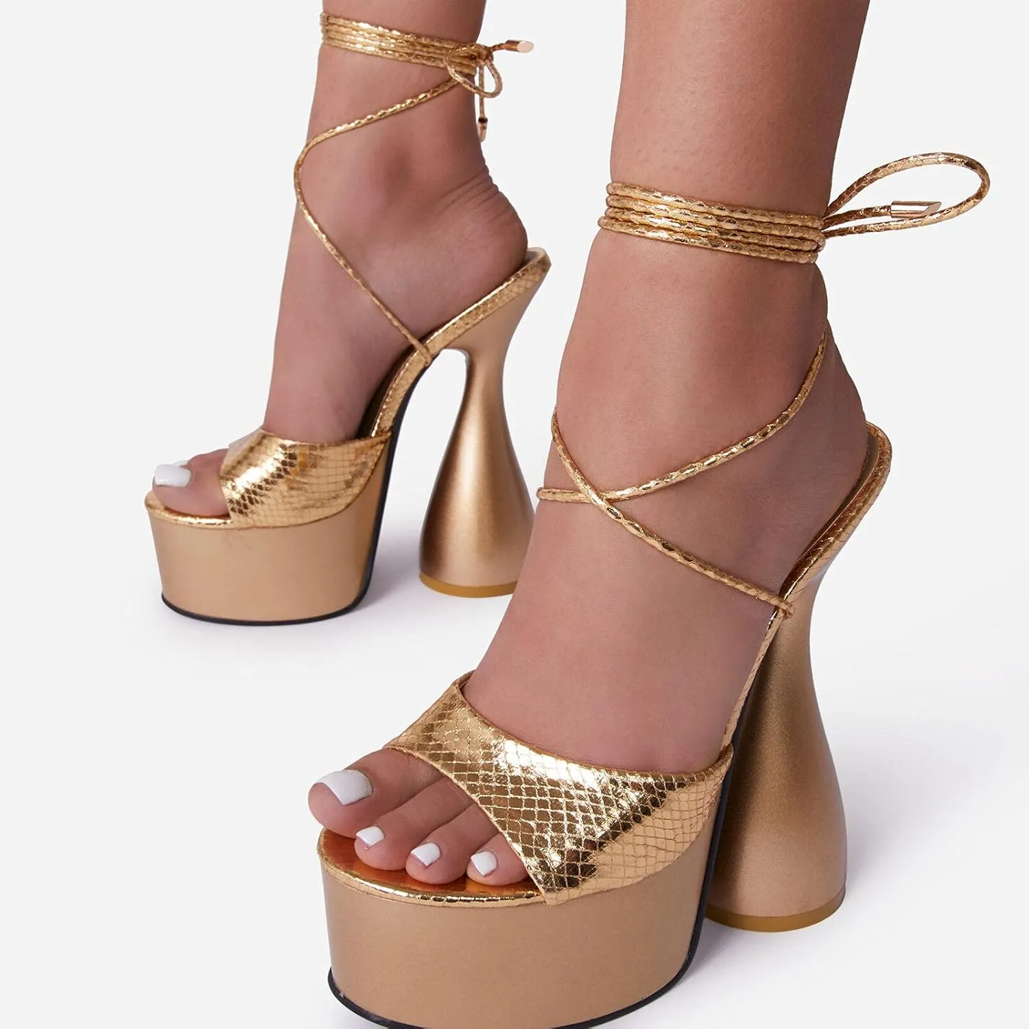 anteikira Women's High Heels Fashion Platform Ankle Straps Special Heel Round Open Toe Stone Pattern Summer Shopping Work Pumps