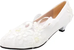 ANUFER Womens Elegant Lace Embroidery Flat/Heeled White Wedding Shoes Pumps with Pearls