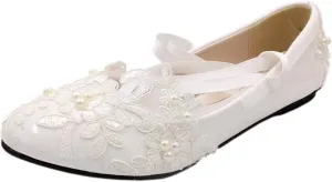 ANUFER Womens Elegant Lace Embroidery Flat/Heeled White Wedding Shoes Pumps with Pearls