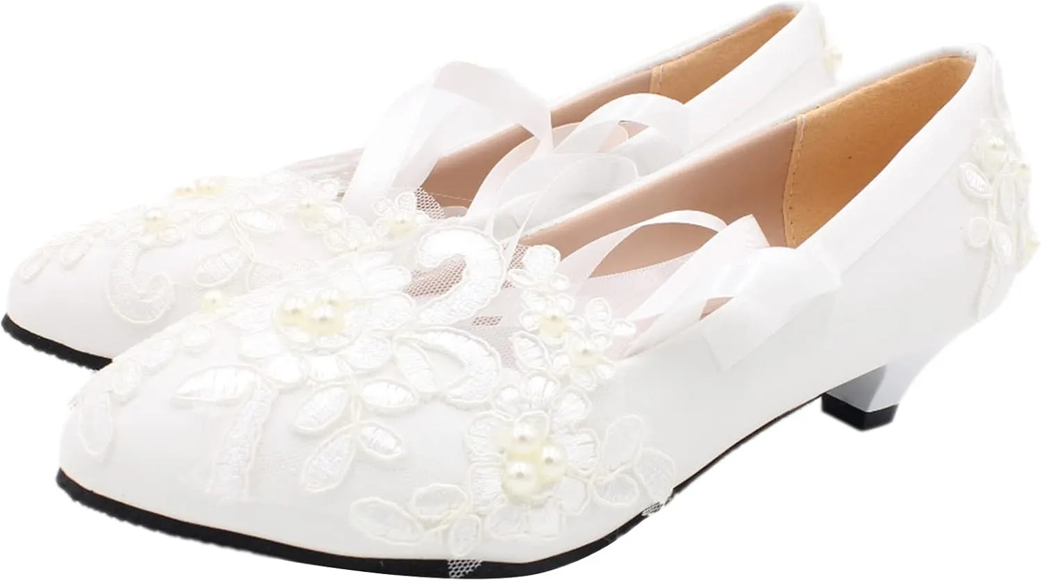 ANUFER Womens Elegant Lace Embroidery Flat/Heeled White Wedding Shoes Pumps with Pearls