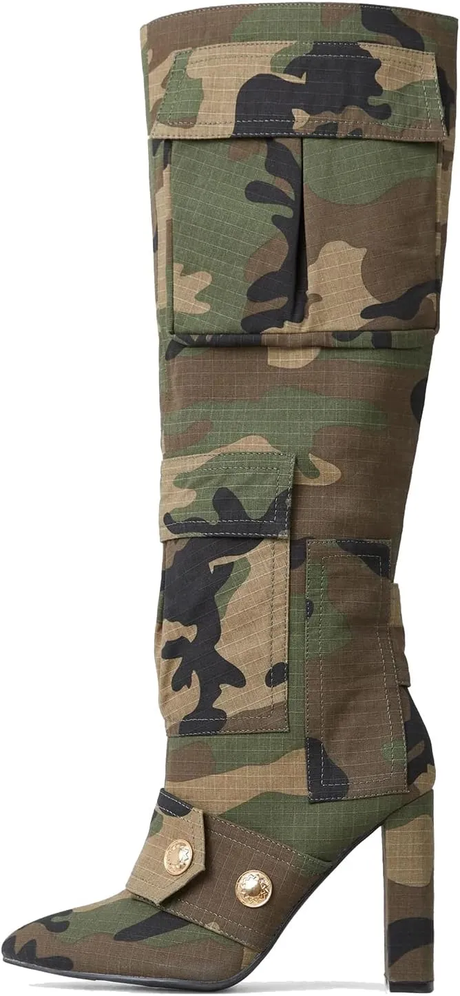 Arqa Women's Camo Knee High Boots Pointed Toe Block Heel Camouflage Boot with Metal Buttons Multiple Pockets Boot