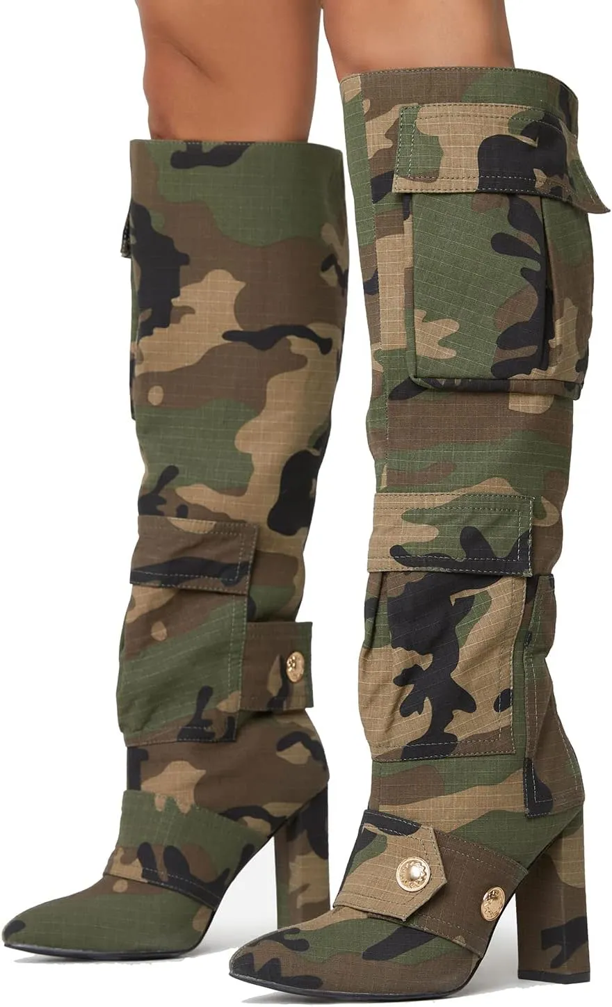 Arqa Women's Camo Knee High Boots Pointed Toe Block Heel Camouflage Boot with Metal Buttons Multiple Pockets Boot