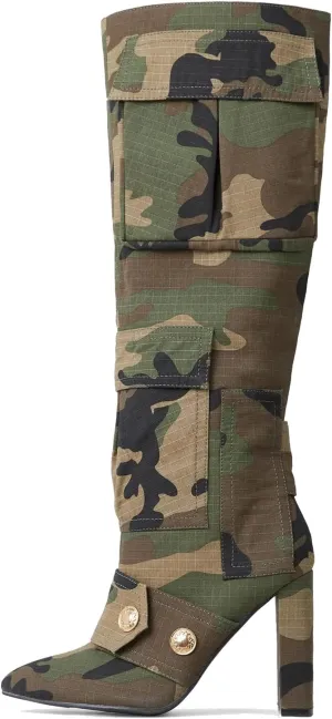 Arqa Women's Camo Knee High Boots Pointed Toe Block Heel Camouflage Boot with Metal Buttons Multiple Pockets Boot