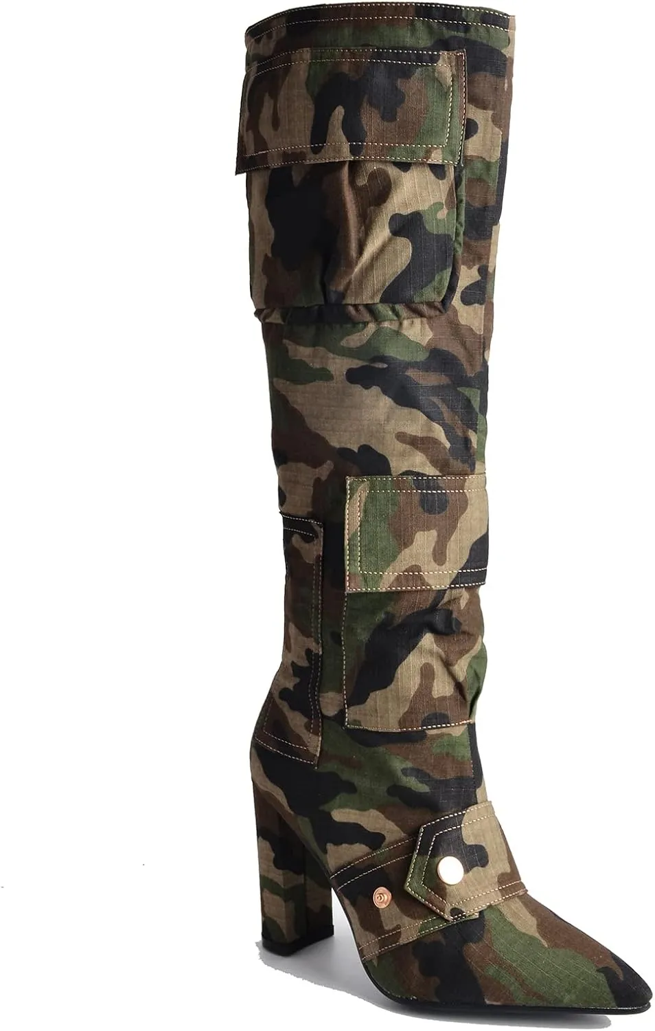 Arqa Women's Camo Knee High Boots Pointed Toe Block Heel Camouflage Boot with Metal Buttons Multiple Pockets Boot