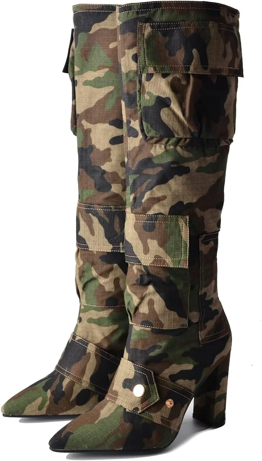 Arqa Women's Camo Knee High Boots Pointed Toe Block Heel Camouflage Boot with Metal Buttons Multiple Pockets Boot
