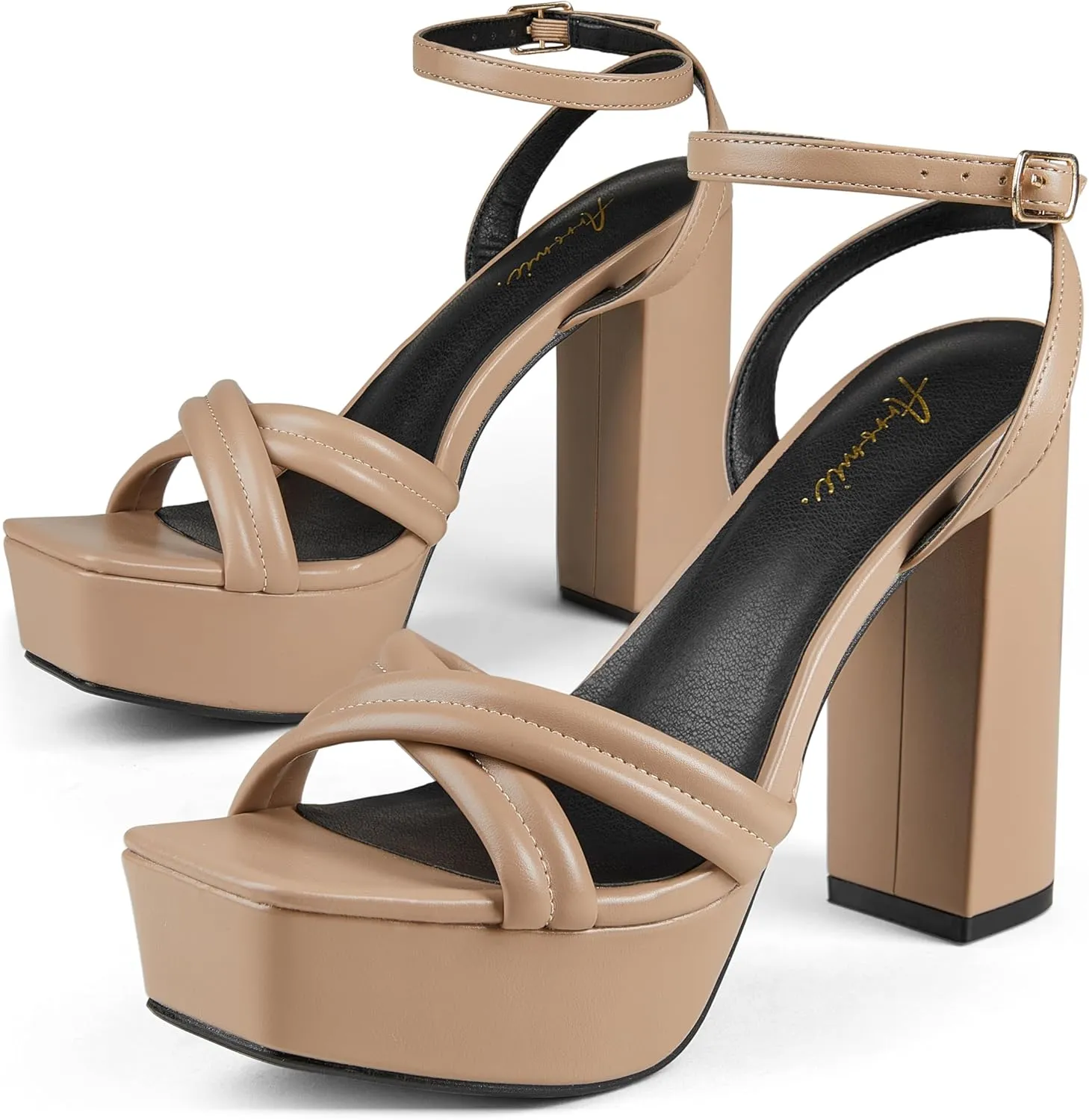 Arromic Women's Platform Heels High Chunky Sandals 4.5 Inches Square Open Toe Heeled Sandals Pink Gold White Black Nude Strappy Ankle Strap Sexy Pumps Y2K Dress Party Wedding Shoes