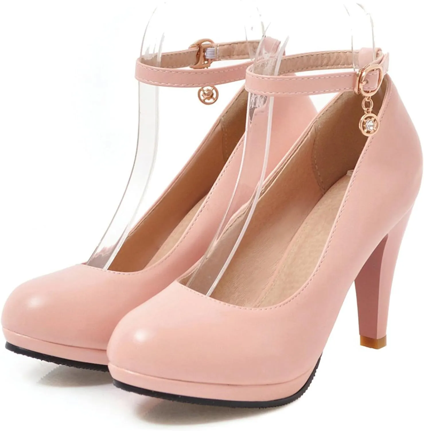 Asterisco Women Cone Heel Pumps with Platform Ankle Strap High Heel Shoes Round Toe Buckle Elegant Bridal Shoes, Size 1-12