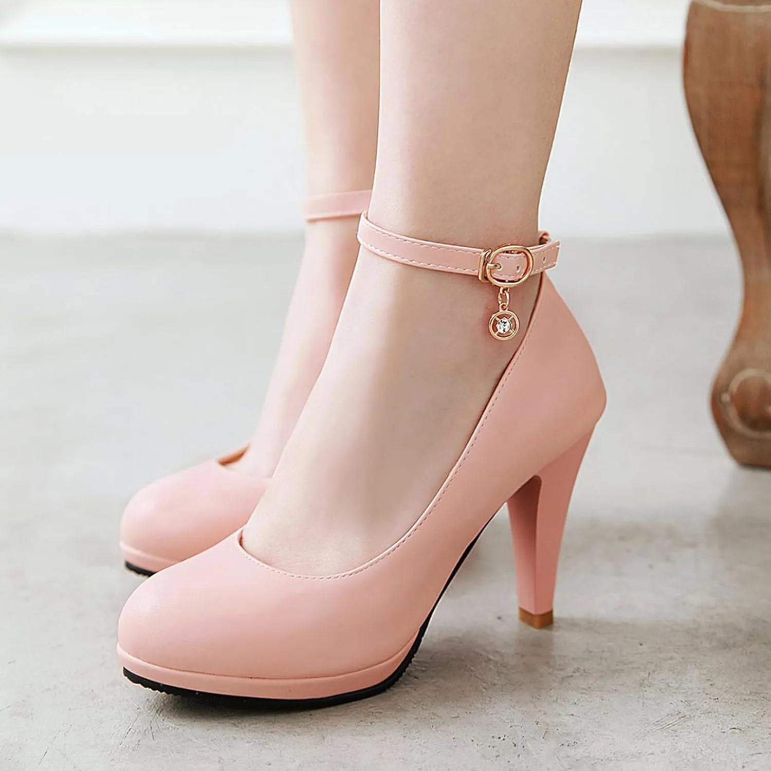 Asterisco Women Cone Heel Pumps with Platform Ankle Strap High Heel Shoes Round Toe Buckle Elegant Bridal Shoes, Size 1-12