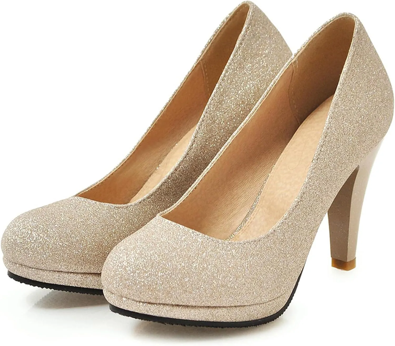 Asterisco Women Cone Heel Pumps with Platform Glitter High Heel Shoes Round Toe Slip On Elegant Glitter Shoes, Size 1-12