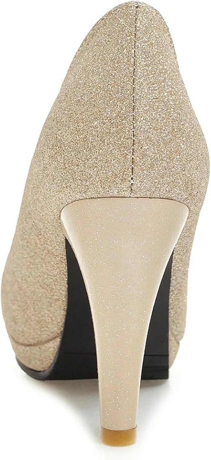 Asterisco Women Cone Heel Pumps with Platform Glitter High Heel Shoes Round Toe Slip On Elegant Glitter Shoes, Size 1-12
