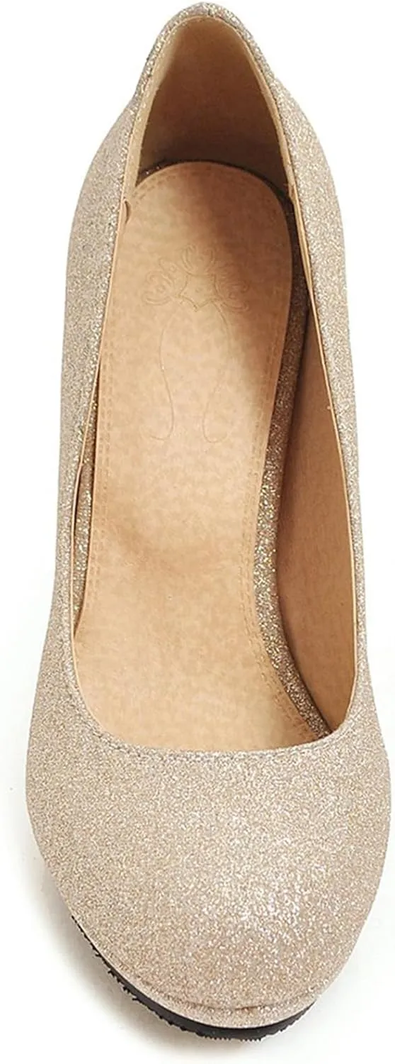 Asterisco Women Cone Heel Pumps with Platform Glitter High Heel Shoes Round Toe Slip On Elegant Glitter Shoes, Size 1-12