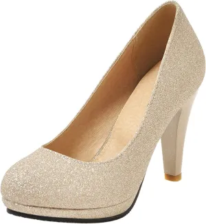 Asterisco Women Cone Heel Pumps with Platform Glitter High Heel Shoes Round Toe Slip On Elegant Glitter Shoes, Size 1-12
