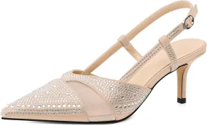 AUMOTED Women Low Heel Pumps Slingback Heels Elegant Pointed Toe 2.5 Inch Heels with Rhinestone Dressy Pumps