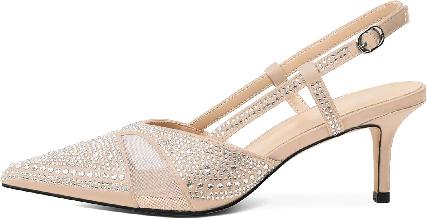 AUMOTED Women Low Heel Pumps Slingback Heels Elegant Pointed Toe 2.5 Inch Heels with Rhinestone Dressy Pumps
