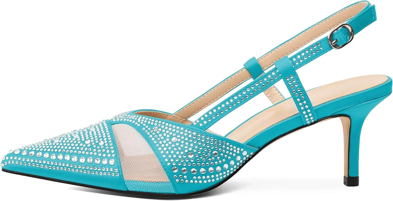 AUMOTED Women Low Heel Pumps Slingback Heels Elegant Pointed Toe 2.5 Inch Heels with Rhinestone Dressy Pumps