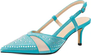 AUMOTED Women Low Heel Pumps Slingback Heels Elegant Pointed Toe 2.5 Inch Heels with Rhinestone Dressy Pumps