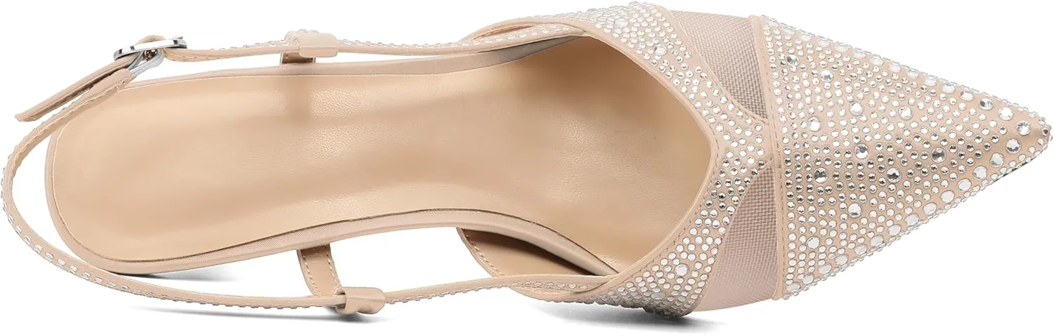 AUMOTED Women Low Heel Pumps Slingback Heels Elegant Pointed Toe 2.5 Inch Heels with Rhinestone Dressy Pumps