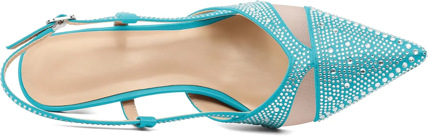 AUMOTED Women Low Heel Pumps Slingback Heels Elegant Pointed Toe 2.5 Inch Heels with Rhinestone Dressy Pumps