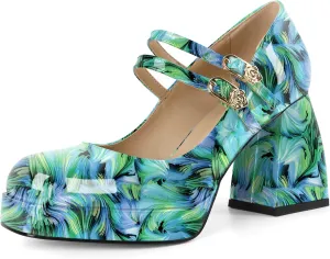 AUMOTED Women's Chunky Heels Platform Mary Janes Shoes Square Toe Pumps Patent Leather Block High Heel Dress Shoes 3.5 Inch