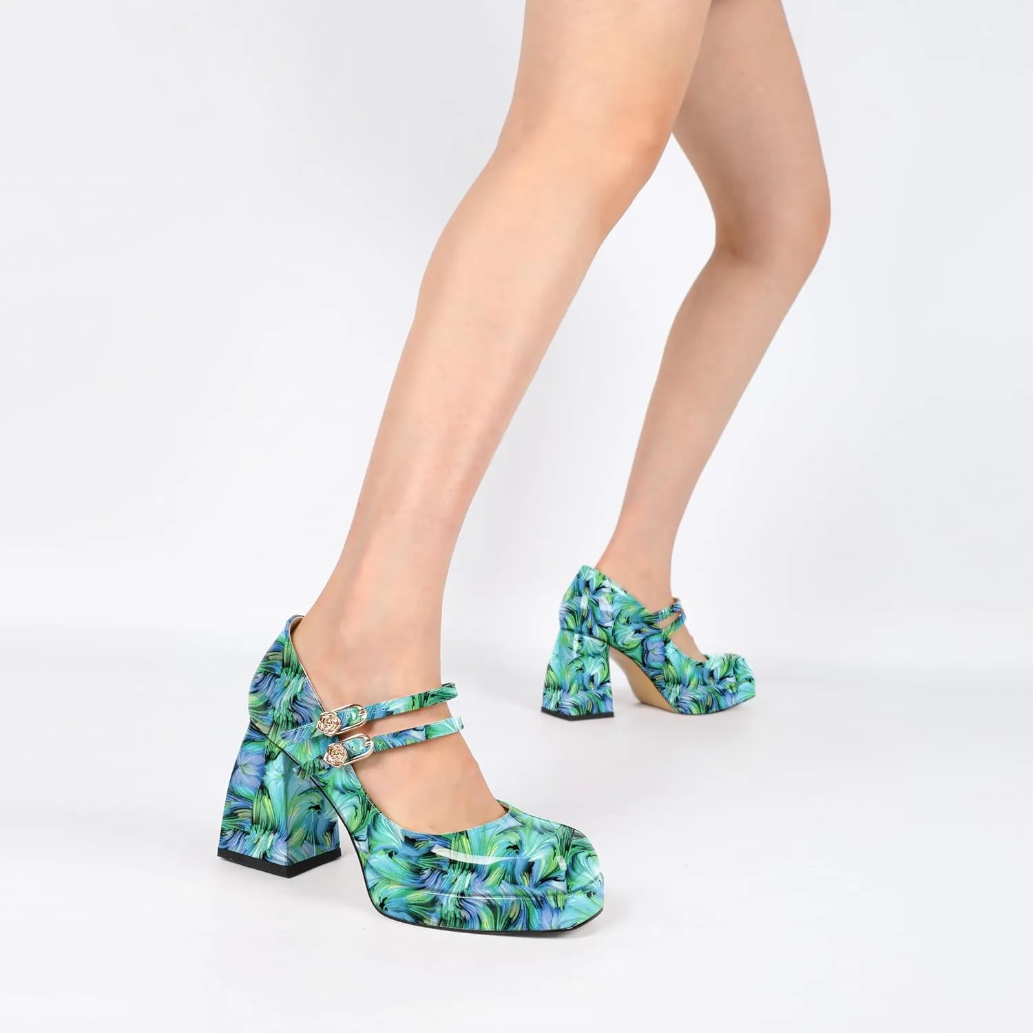 AUMOTED Women's Chunky Heels Platform Mary Janes Shoes Square Toe Pumps Patent Leather Block High Heel Dress Shoes 3.5 Inch
