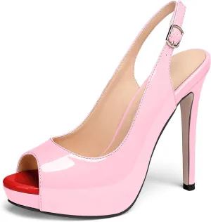 AUMOTED Women's High Heel Slingback Pumps Stilettos High Heels Patent Slingback Pumps Solid Peep Toe Platform Stilettos Pumps Dating Party Dress Shoes 4.7 Inch