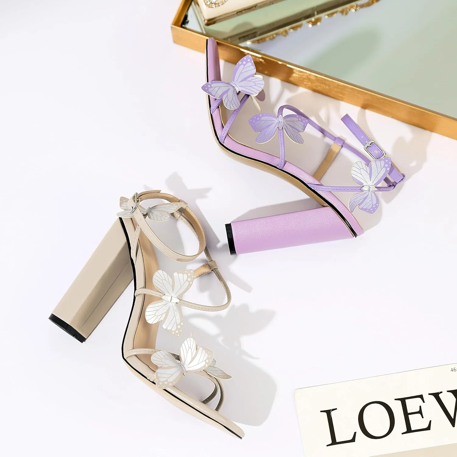 AUMOTED Womens Sandals Chunky Block High Heels Butterfly Wings Heeled Sandals Strappy Open Square Toe Summer Dress Shoes 4 Inch