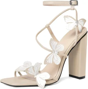AUMOTED Womens Sandals Chunky Block High Heels Butterfly Wings Heeled Sandals Strappy Open Square Toe Summer Dress Shoes 4 Inch