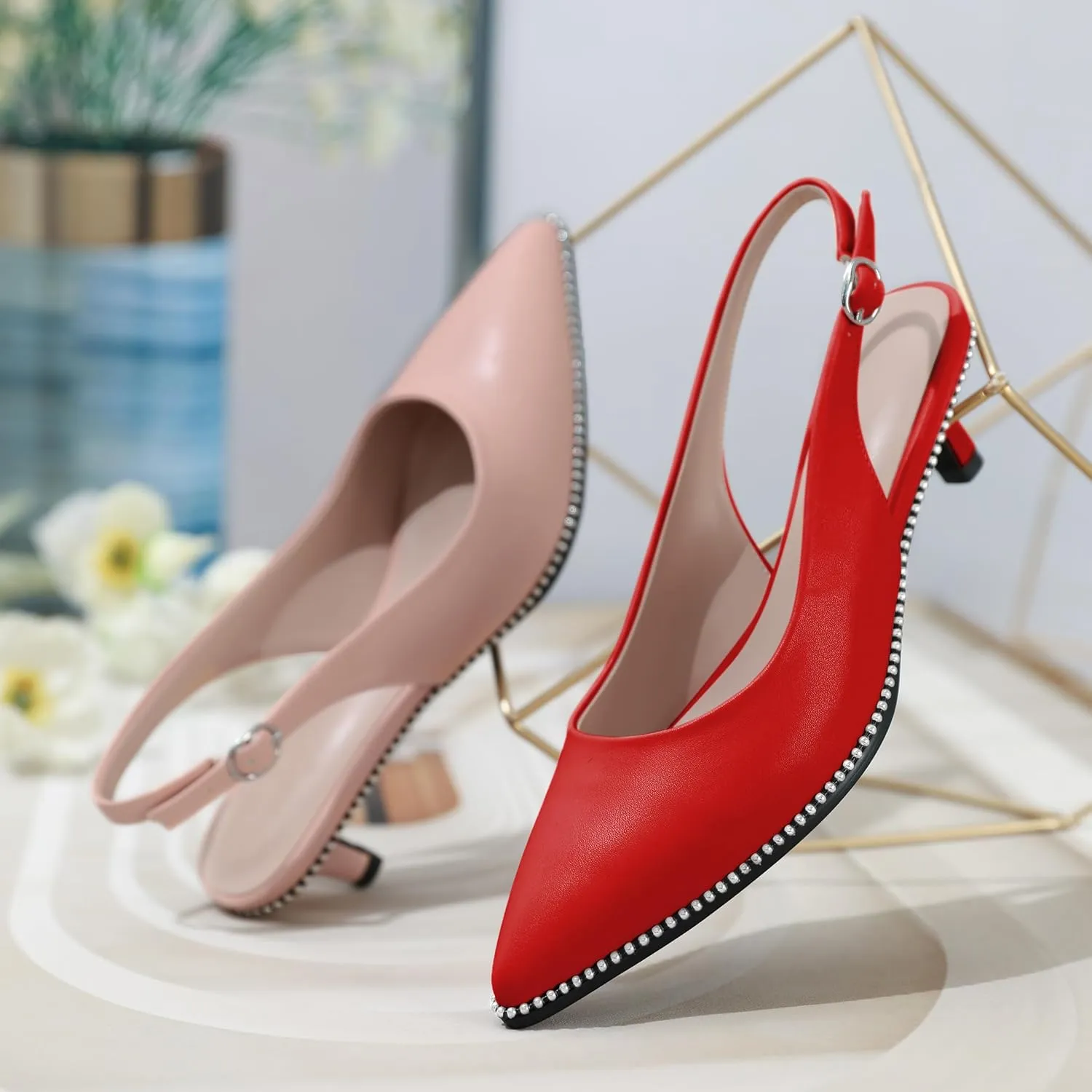 AUMOTED Women's Slingback Kitten Heels Pointed Toe Stiletto Low Heel Ankle-Strap with Beaded Pumps Dress Shoes 1.6 Inches