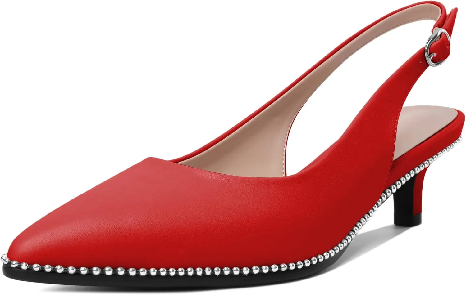 AUMOTED Women's Slingback Kitten Heels Pointed Toe Stiletto Low Heel Ankle-Strap with Beaded Pumps Dress Shoes 1.6 Inches